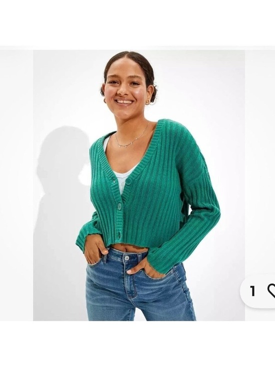 American Eagle Outfitters Sweaters - American Eagle Green Boxy Ribbed Button Up Cropped Cardigan Sweater M